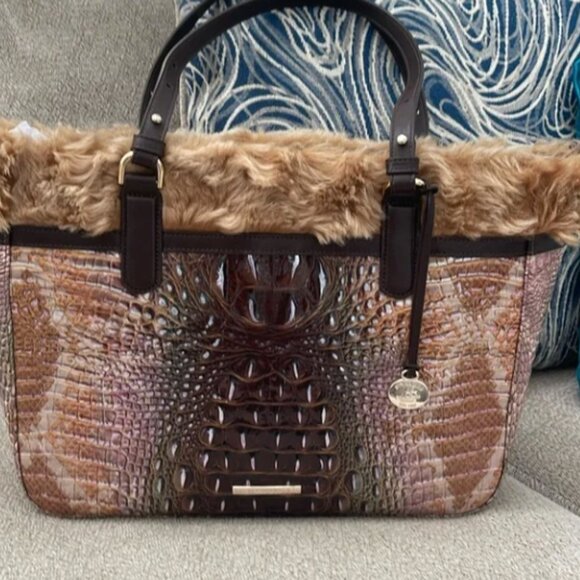 SOLD-Brahmin Large Ashlee Truffle Python Chalet Shearling Tote - EXCLUSIVE! - Picture 1 of 9